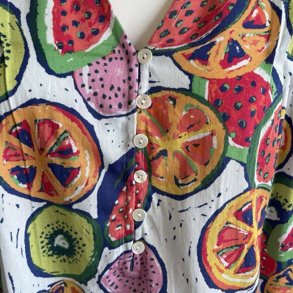 Briton Court Puff Sleeves Tiered Cotton Poplin Dress Fruits Print Sz Large NWT - Picture 4 of 16